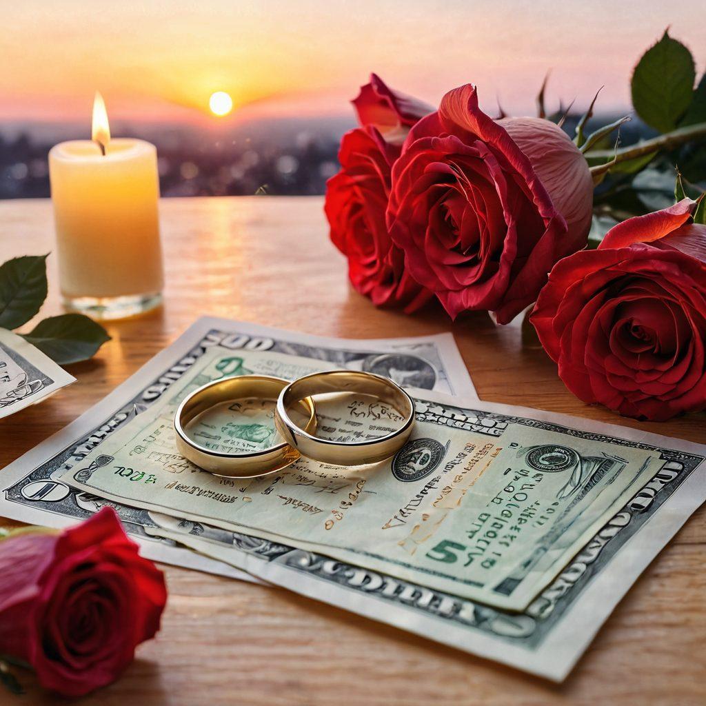 A heart-shaped chart displaying financial growth intertwined with romantic elements, such as roses and wedding rings, against a backdrop of a soft sunset. Include a couple discussing their finances, seated at a candlelit table filled with love notes and dollar bills. Emphasize warmth and connection. super-realistic. vibrant colors. soft focus.