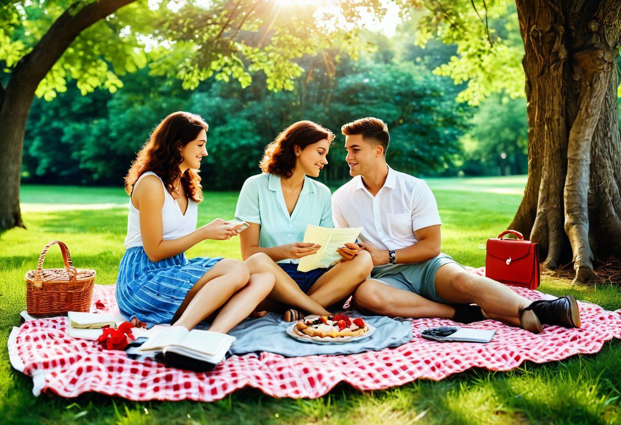 A romantic picnic scene in a lush green park setting, featuring a couple sitting on a blanket with financial documents like savings accounts, investment plans, and a heart-shaped pie chart between them. Surrounding them are symbols of love like roses and hearts alongside a vintage calculator, creating a blend of finance and romance. Soft sunlight filters through the trees, casting a warm glow. vibrant colors. super-realistic.