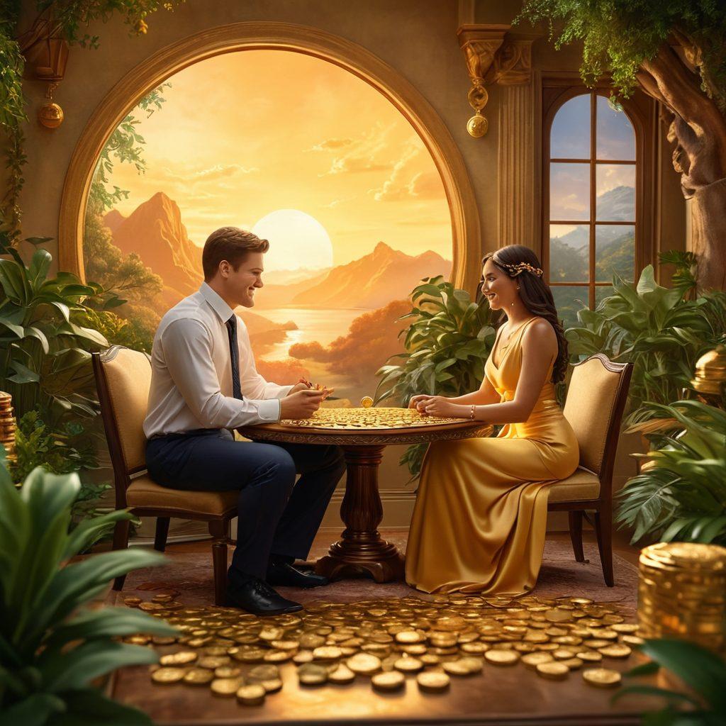 A serene landscape depicting a couple happily discussing their financial plans while surrounded by symbols of wealth such as gold coins, dollar signs, and greenery symbolizing growth. The scene is infused with warm, soft lighting to evoke a sense of love and partnership, with a subtle golden glow highlighting the couple. super-realistic. vibrant colors. tranquil atmosphere.
